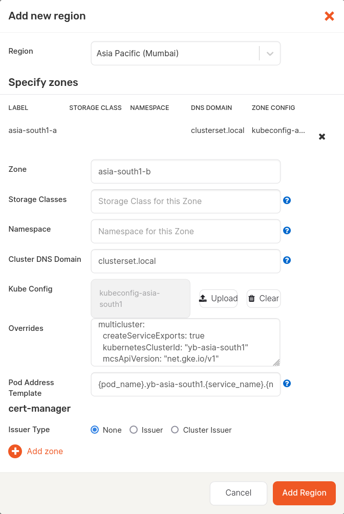 Add new region screen of YugabyteDB Anywhere with GKE MCS