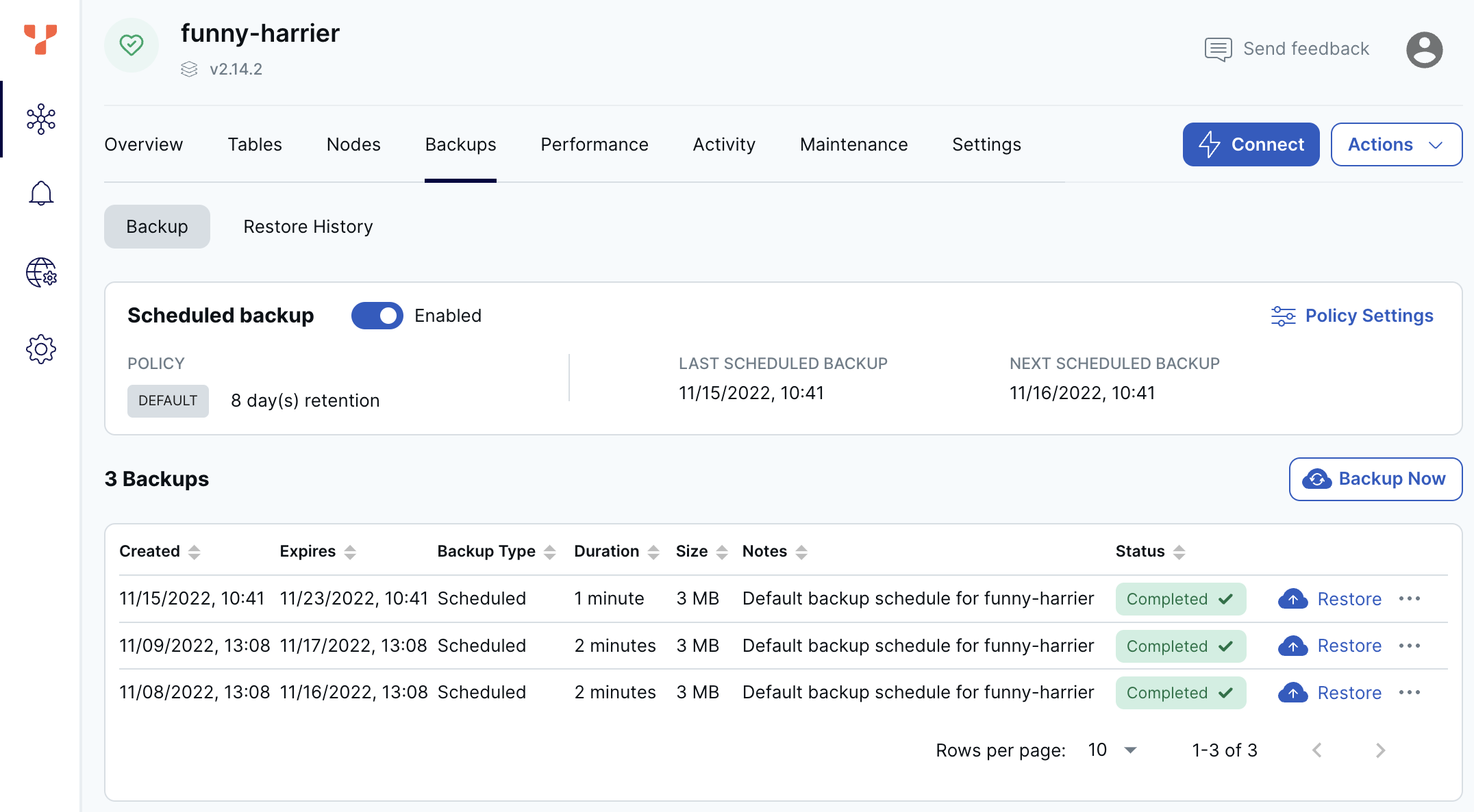 Cluster Backups page
