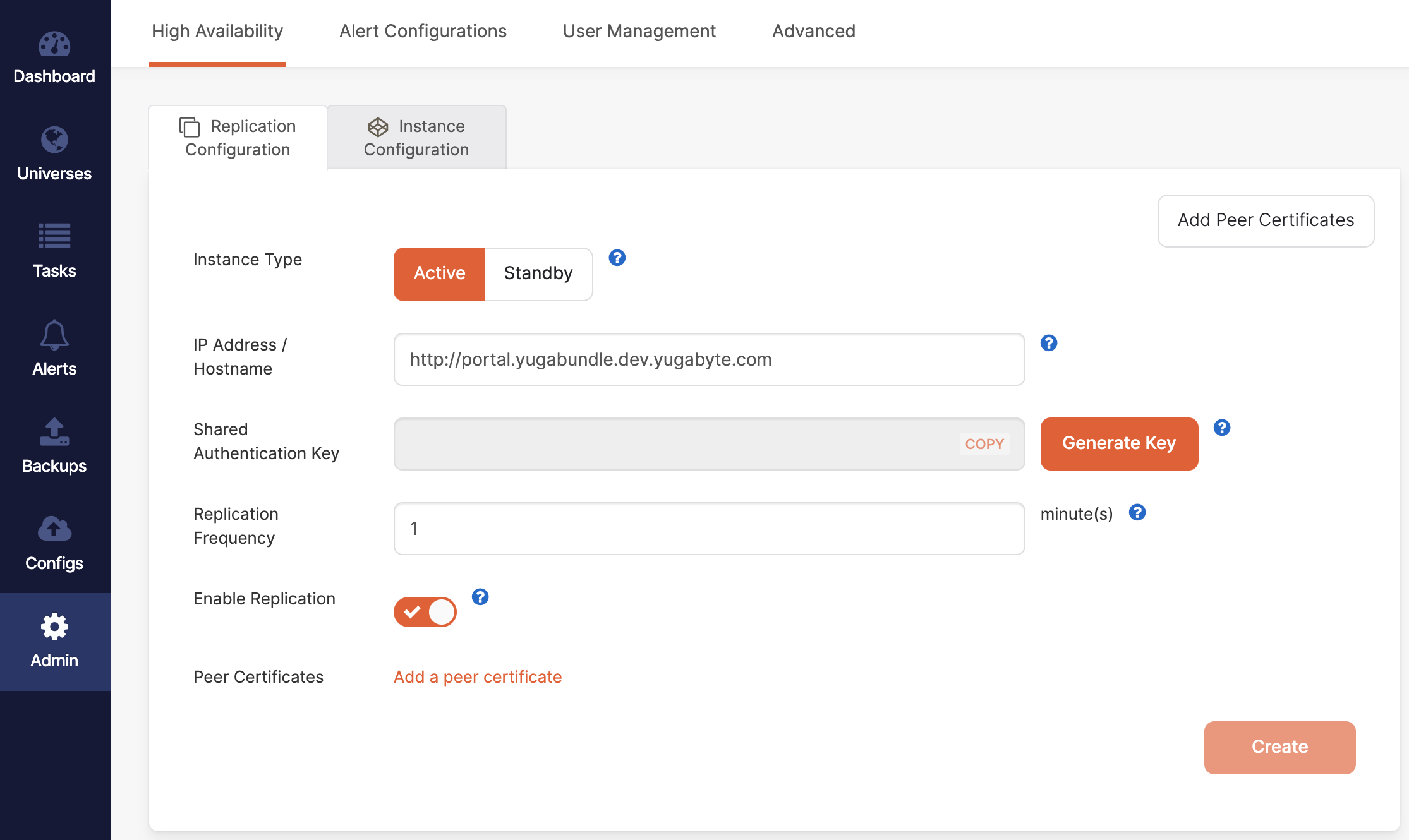 Replication configuration tab