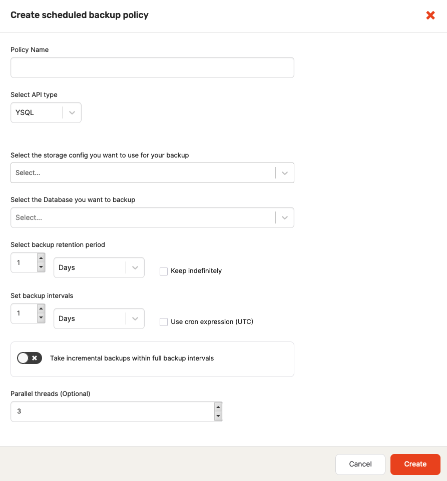 Create Backup form